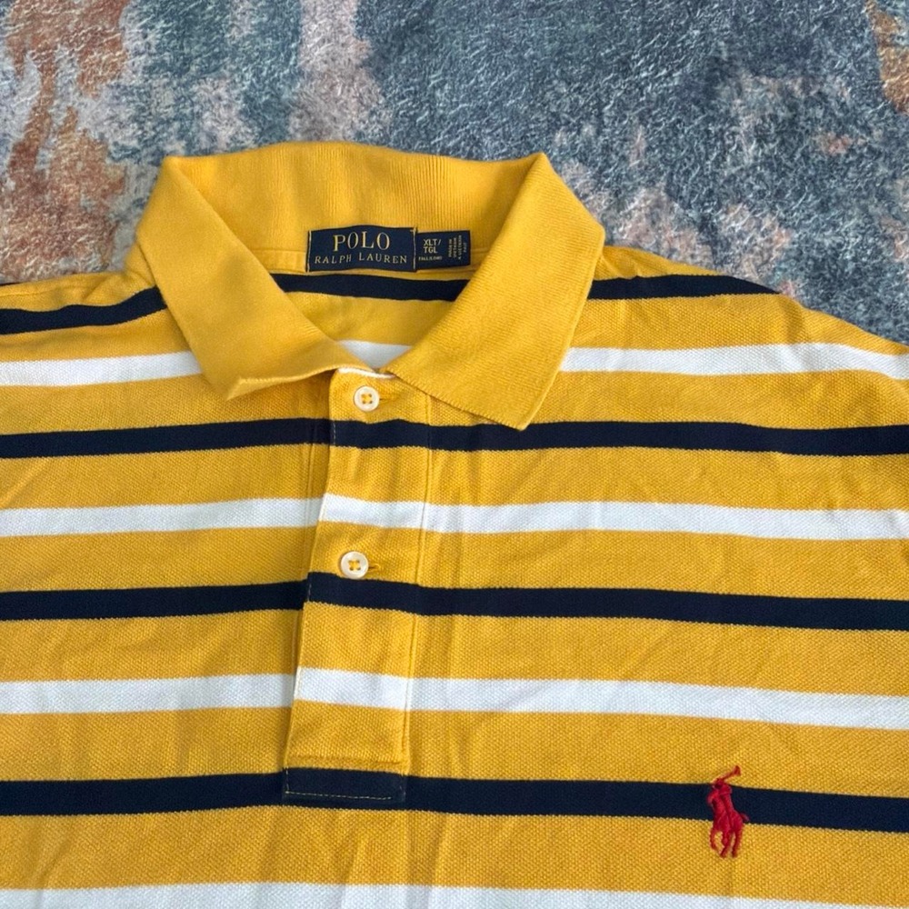 Polo Ralph Lauren yellow, white, and navy blue horizontal striped polo shirt
